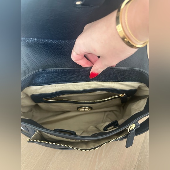 TORY BURCH Medium 797 Satchel | Navy Blue & Cream Woven Satchel - Picture 2 of 12